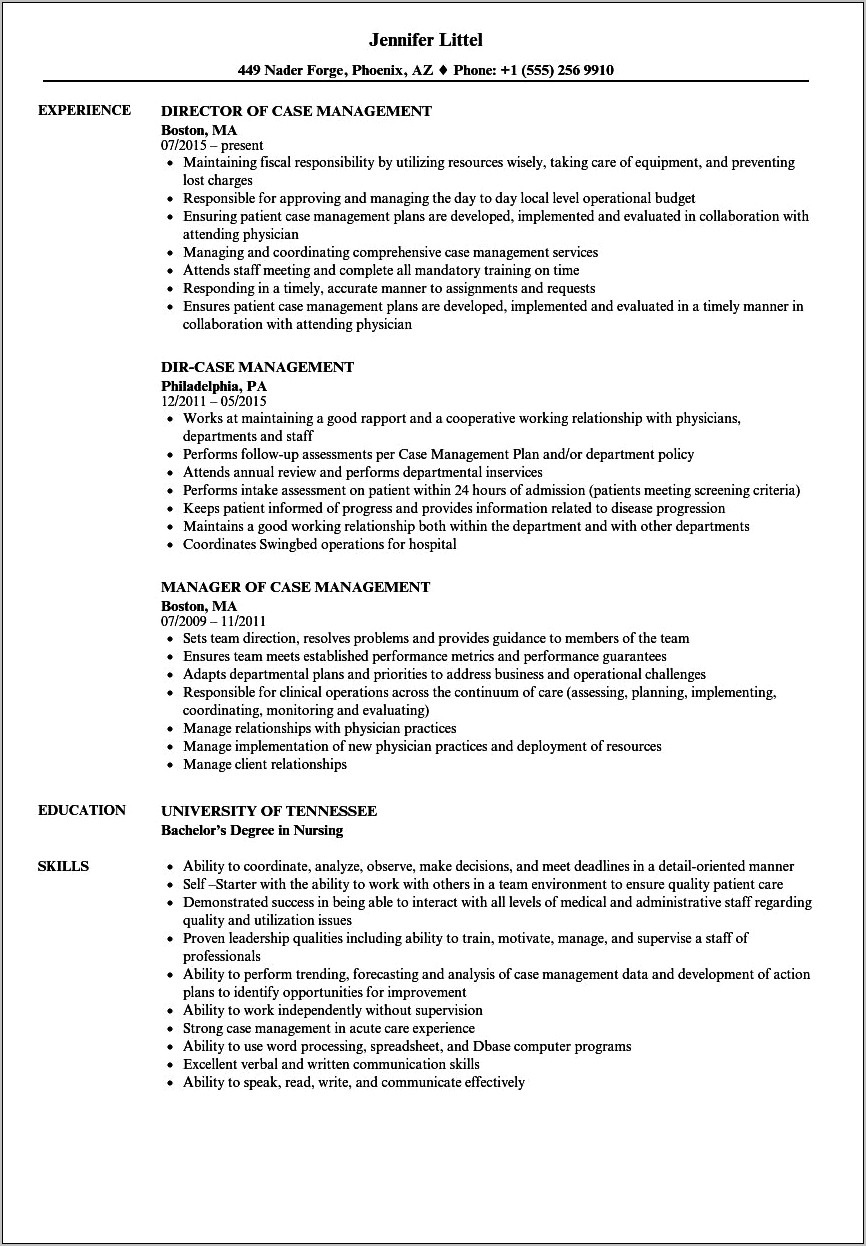 Hospital Case Manager Job Description Resume