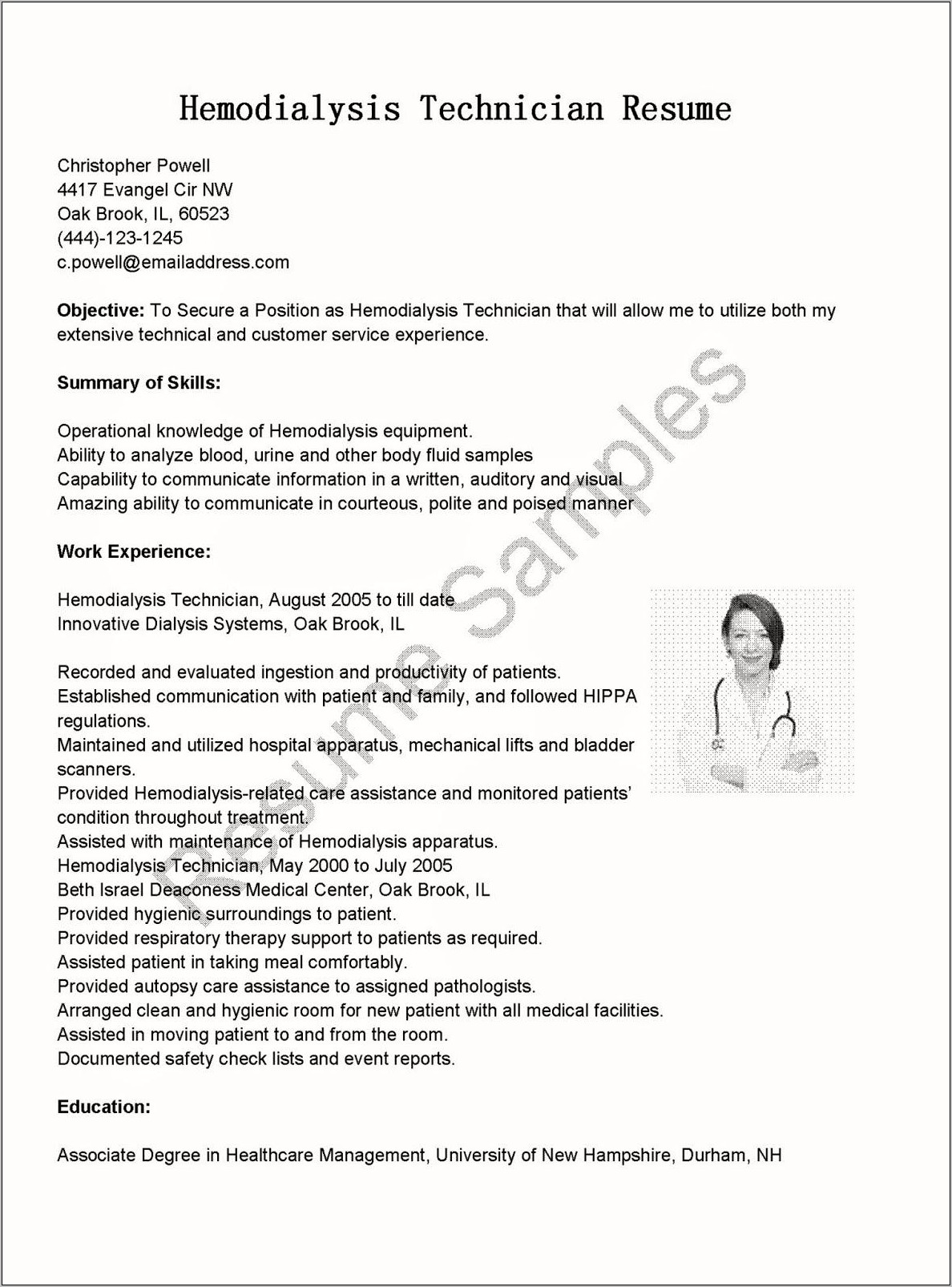 Hospital Fluid Technician Example Resume