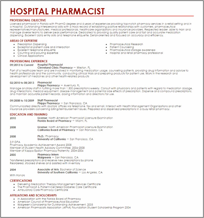 Hospital Pharmacist Resume Objective Examples