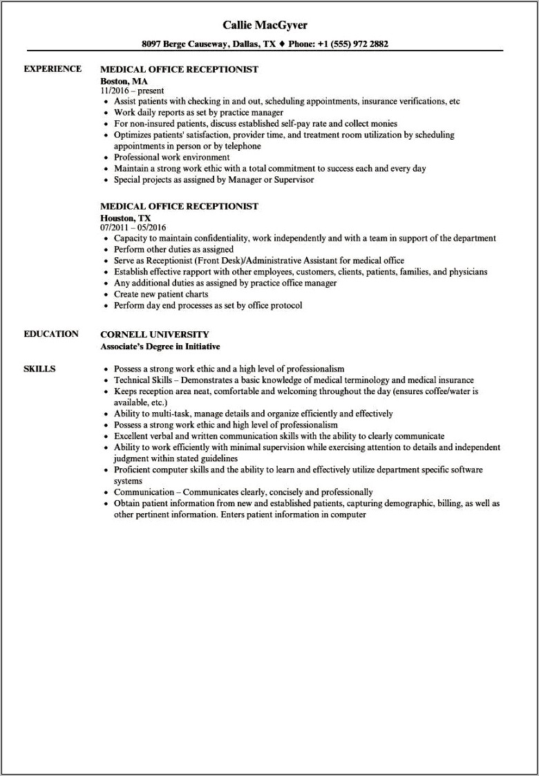 Hospital Receptionist Job Description For Resume