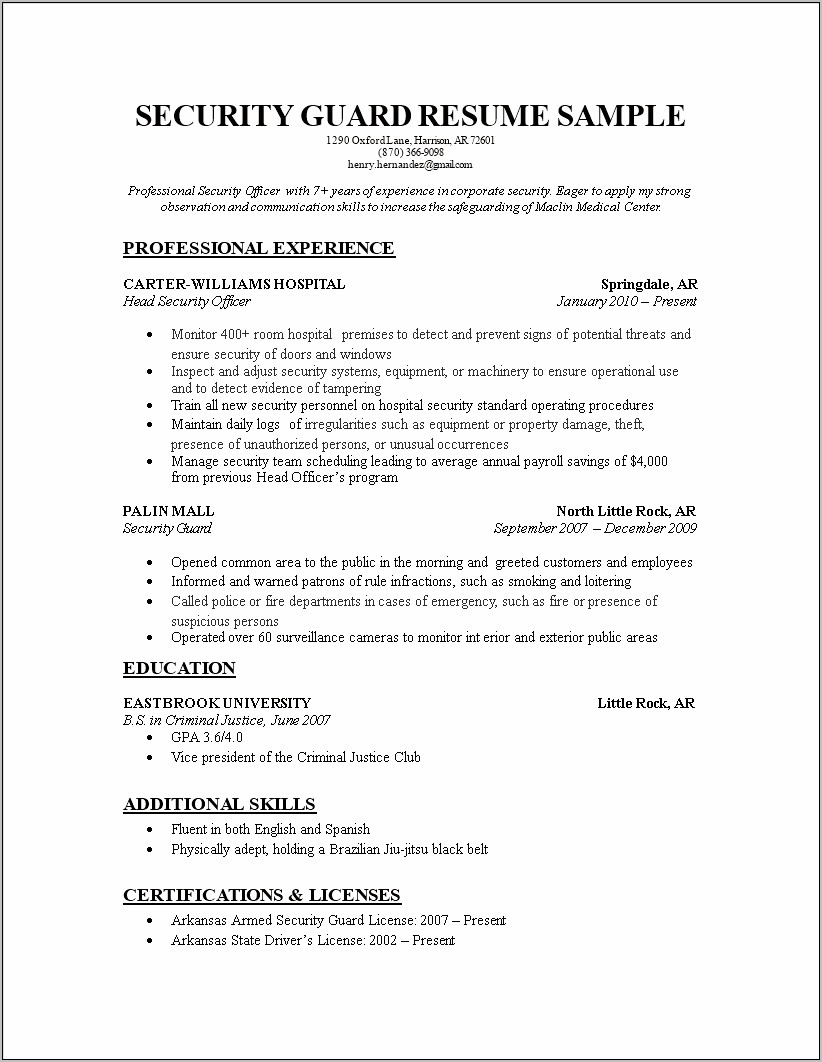 Hospital Security Job Description For Resume