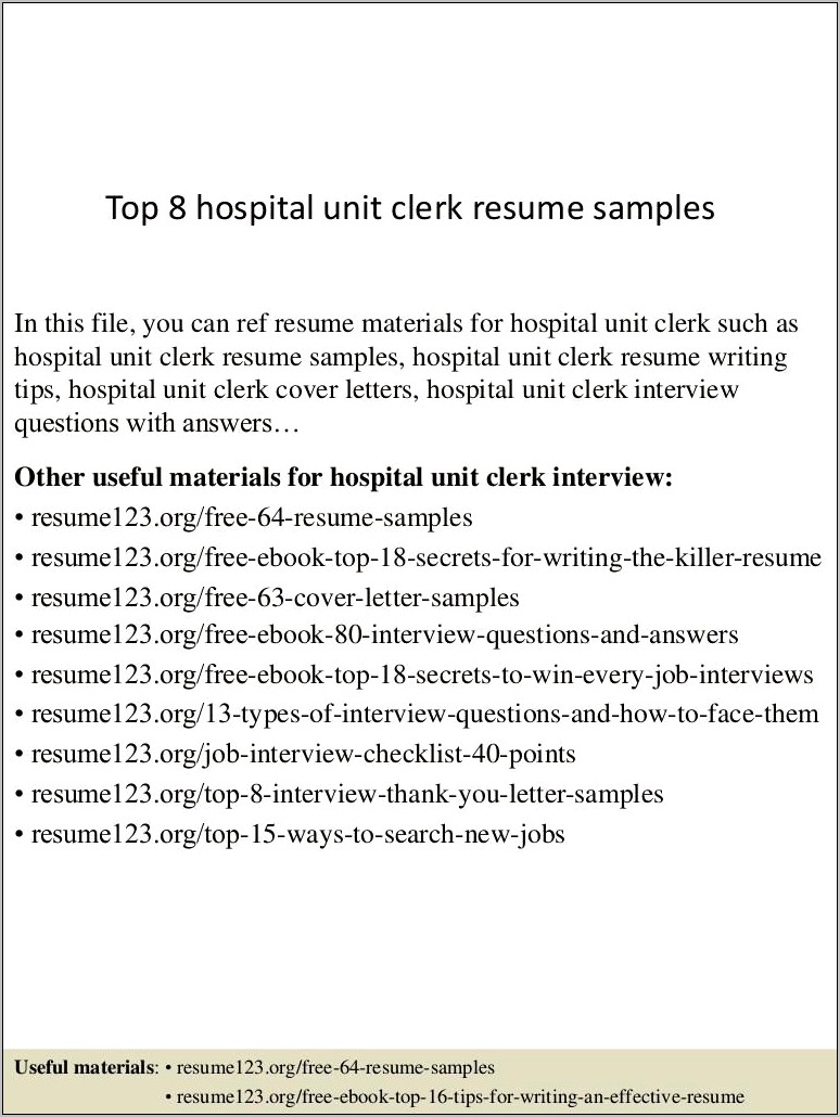 Hospital Unit Clerk Resume Sample