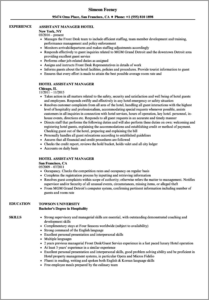Hospitality Front Office Manager Resume