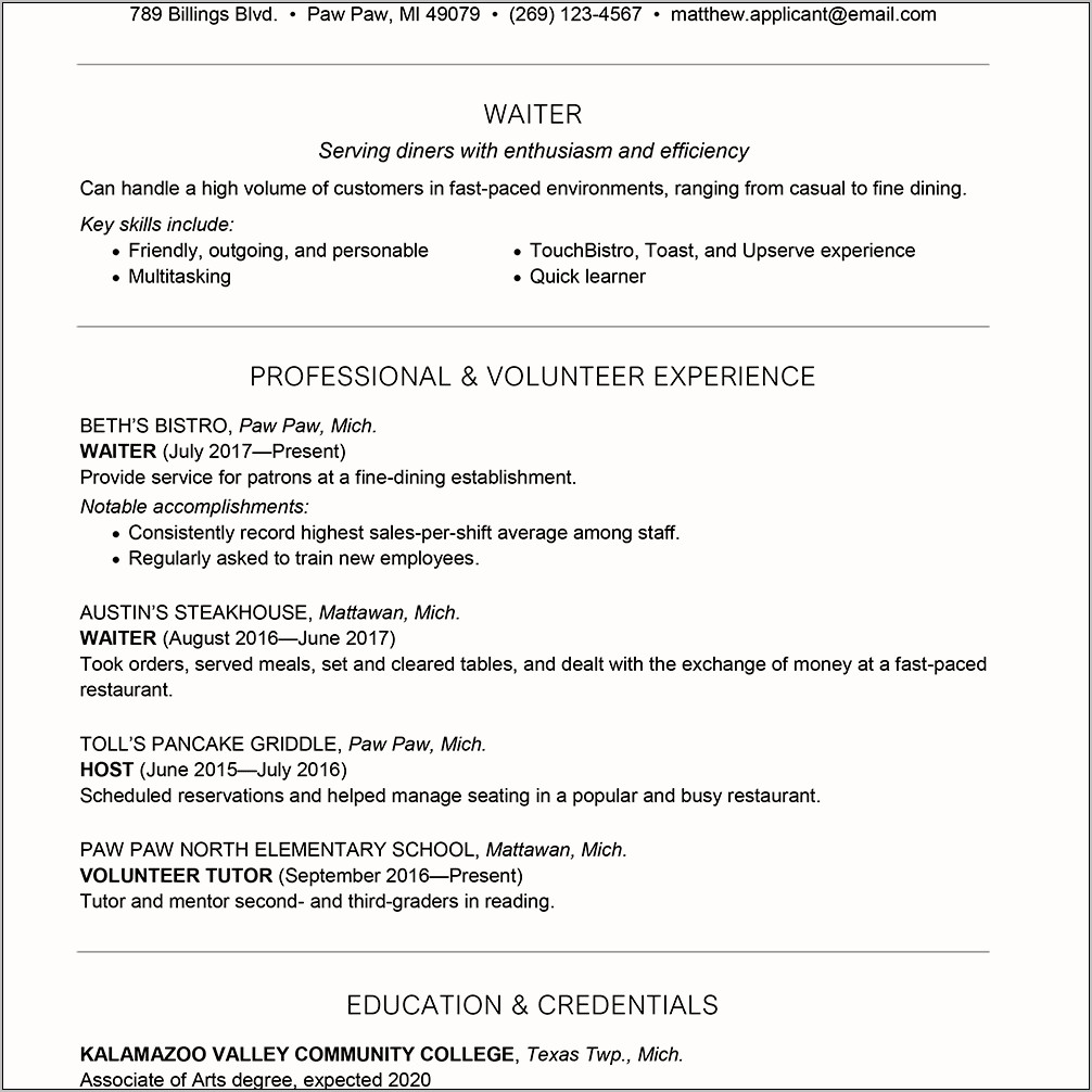 Host For Fine Dining Example On Resume