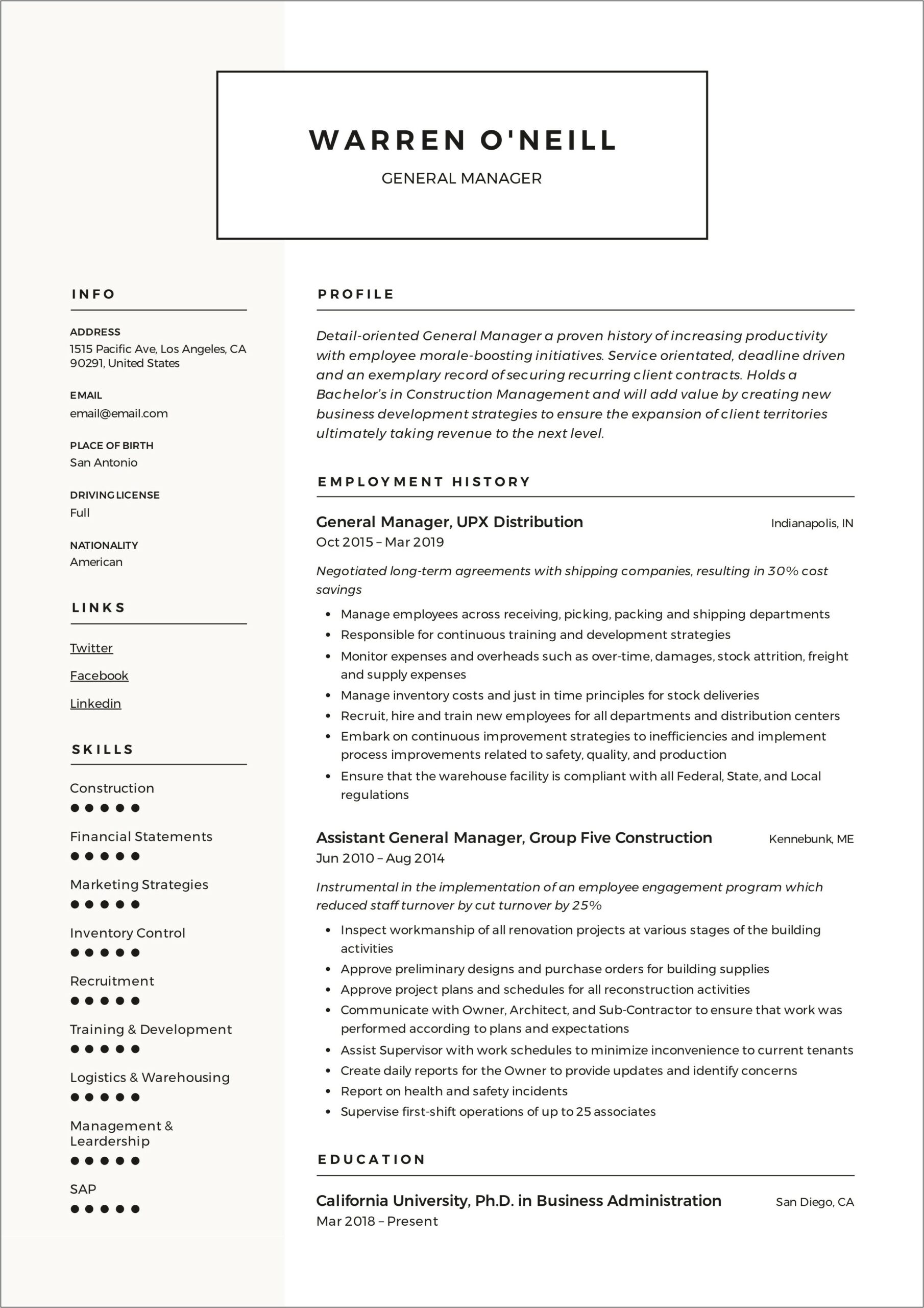 Hotel Assistant General Manager Resume Examples