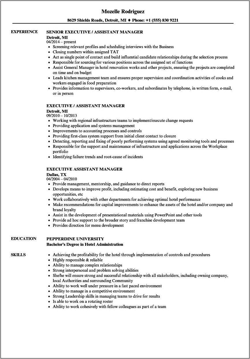 Hotel Assistant Manager Skills Resume