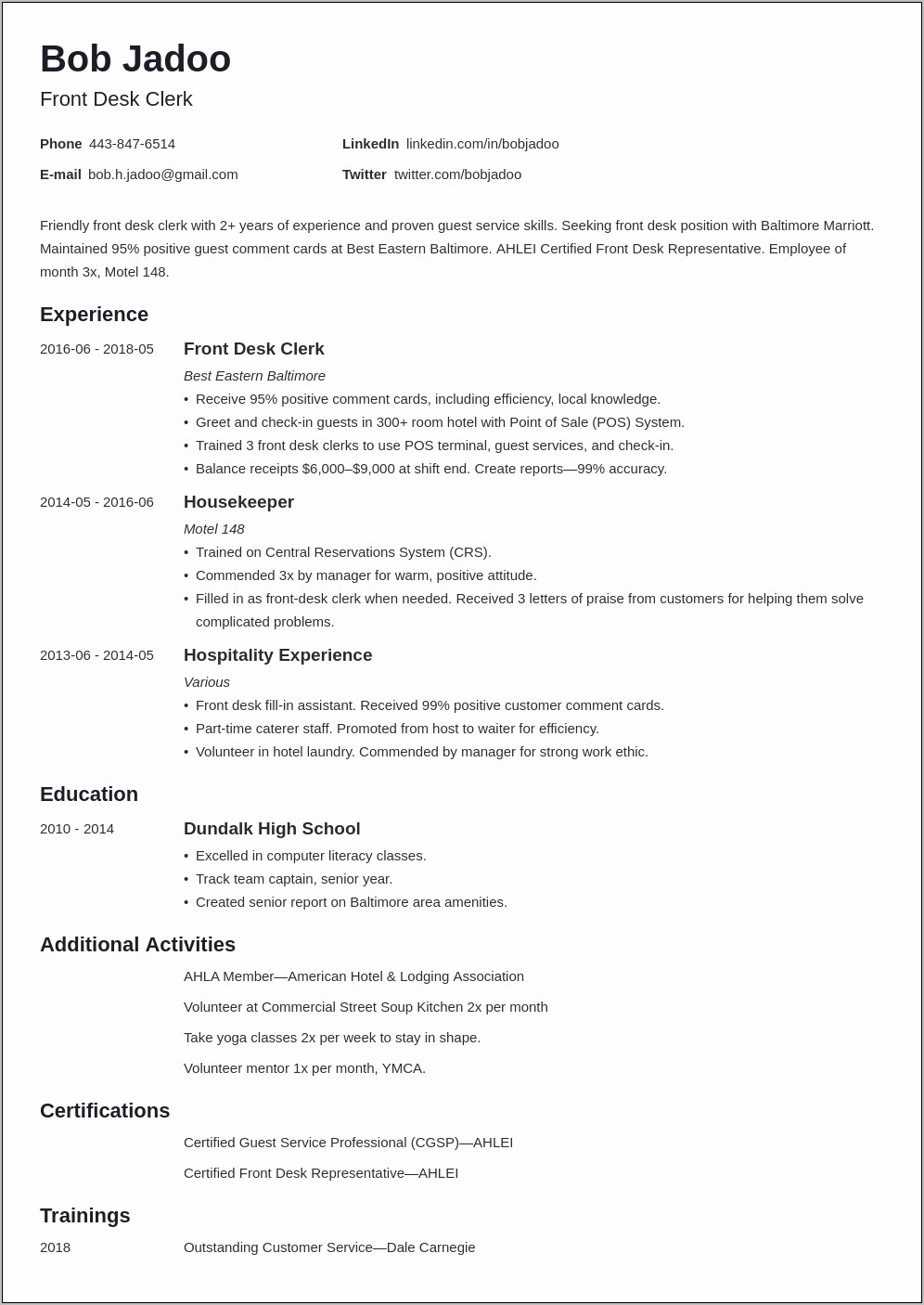 Hotel Cook Job Summary For Resume