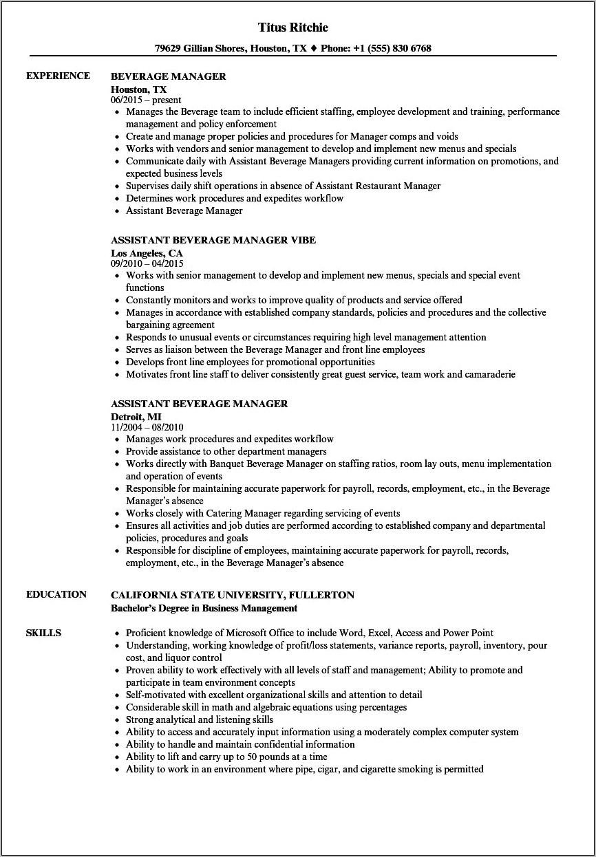 Hotel Food And Beverage Manager Resume