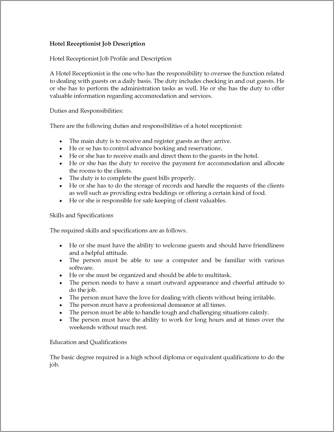 Hotel Front Desk Agent Job Description For Resume