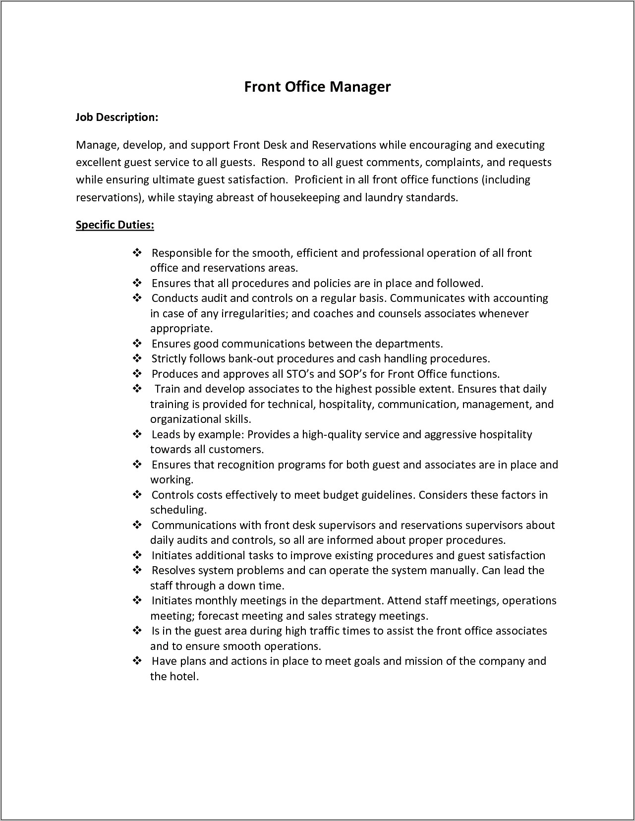 Hotel Front Desk Manager Job Description Resume