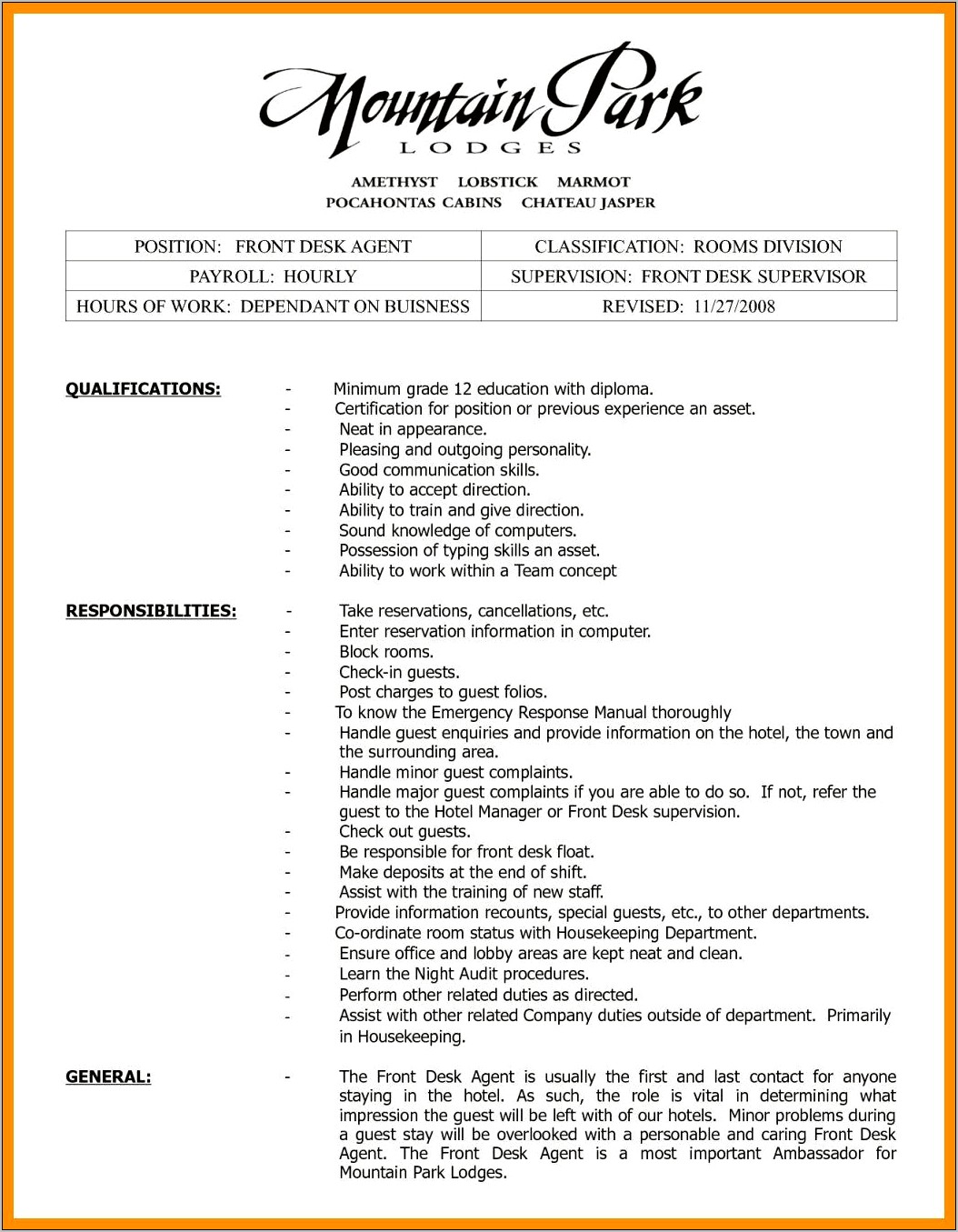 Hotel Front Desk Manager Resume Examples