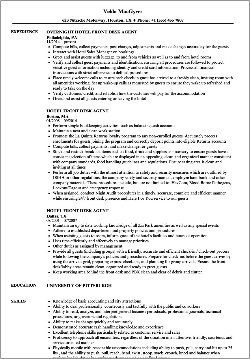 Hotel Front Desk Receptionist Job Description For Resume