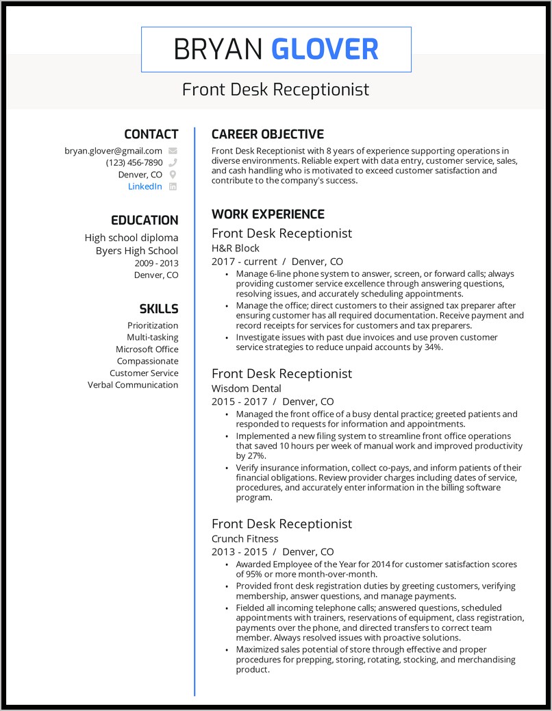 Hotel Front Desk Receptionist Sample Resume