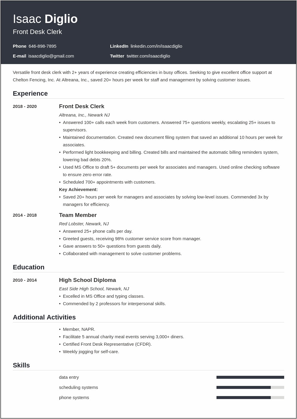 Hotel Front Desk Resume With No Experience