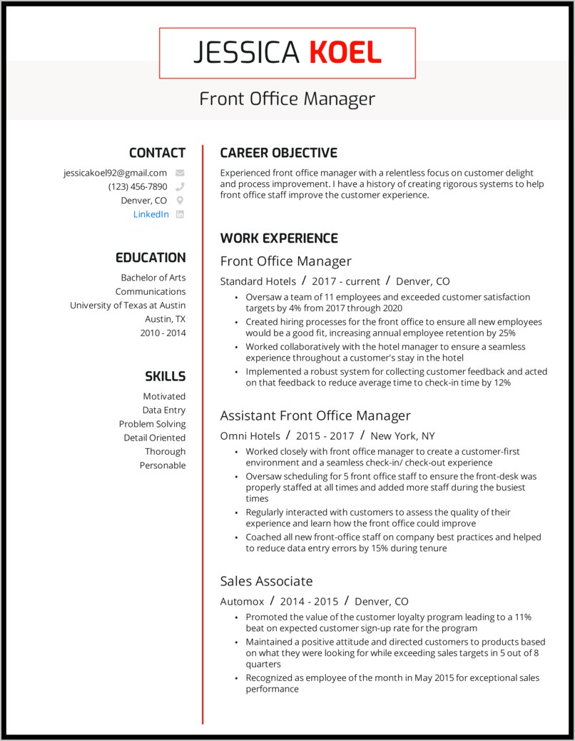Hotel Front Office Manager Job Description For Resume