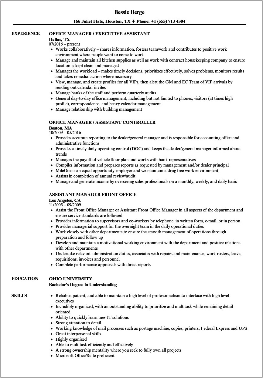 Hotel Front Office Manager Resume Examples