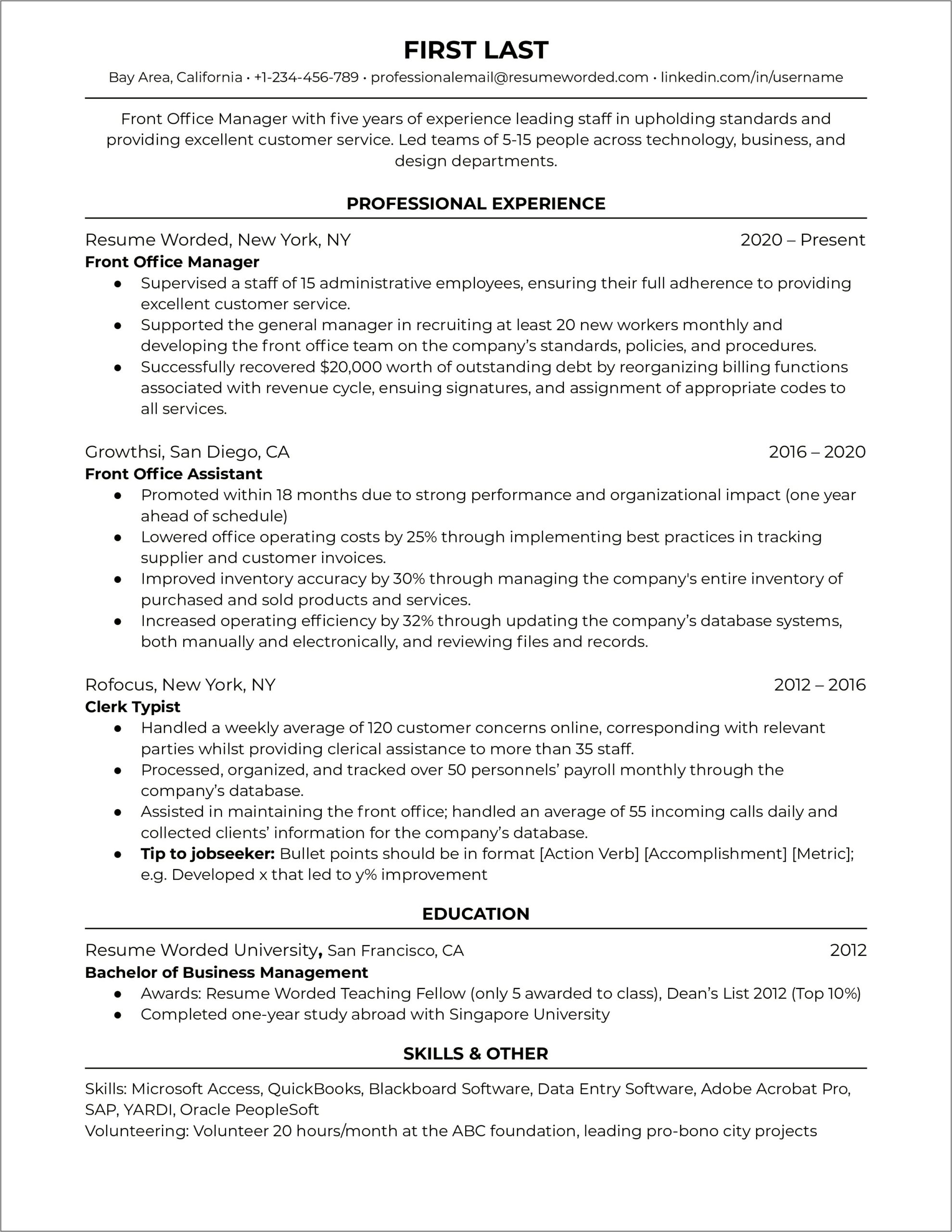 Hotel Front Office Manager Resume Pdf