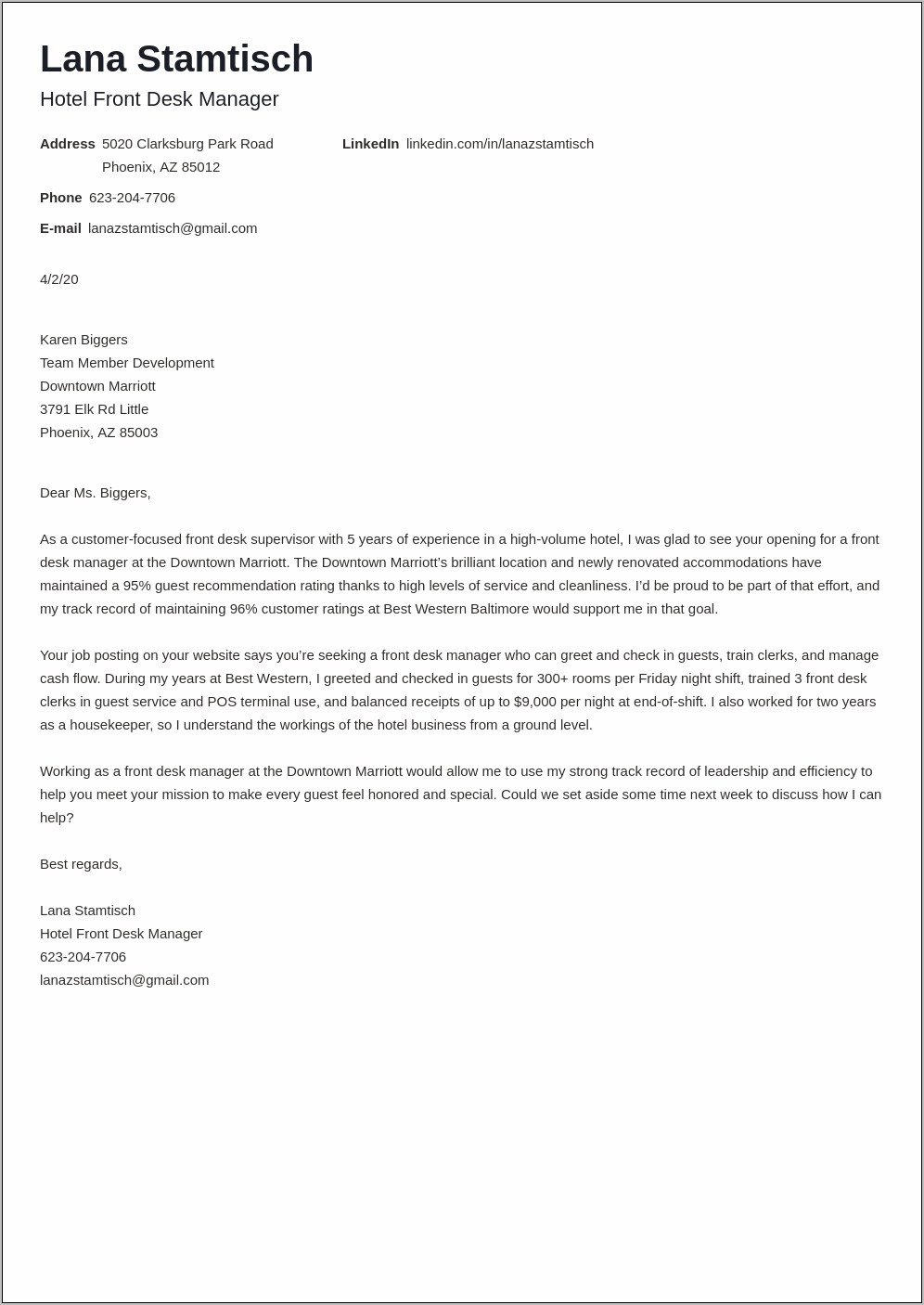 Hotel General Manager Resume Cover Letter