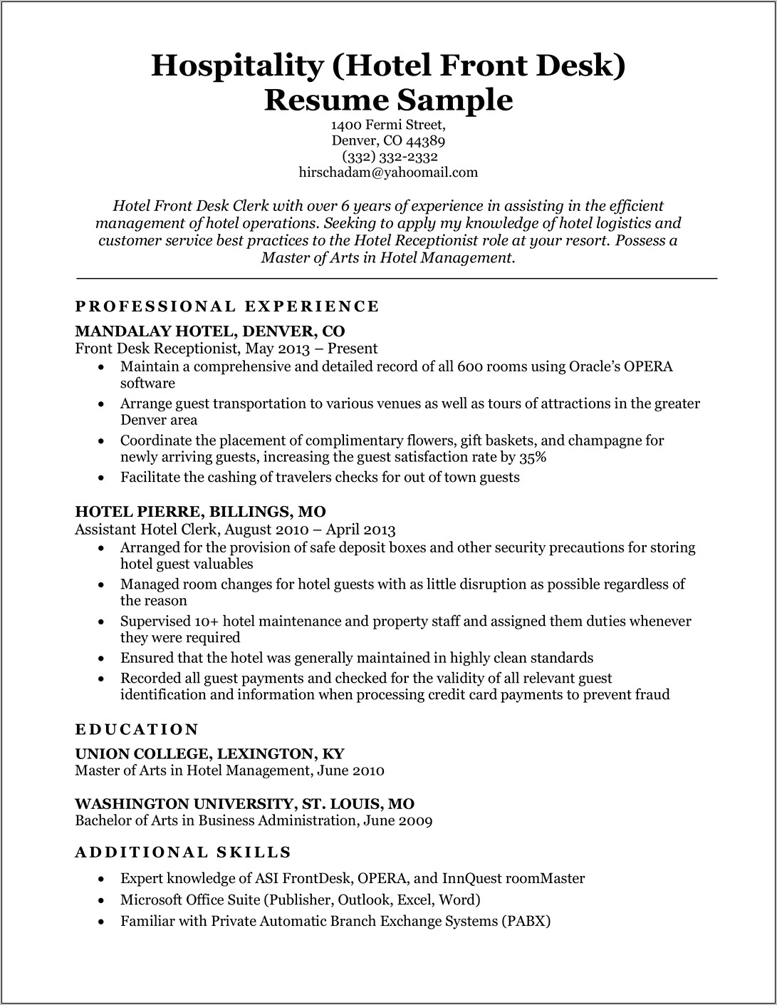 Hotel Guest Service Agent Resume Sample