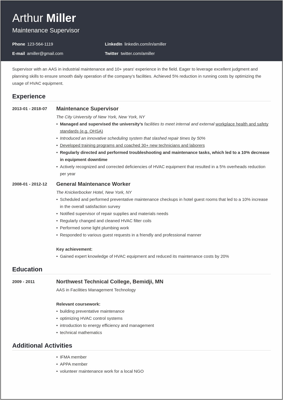 Hotel Maintenance Technician Job Description Resume