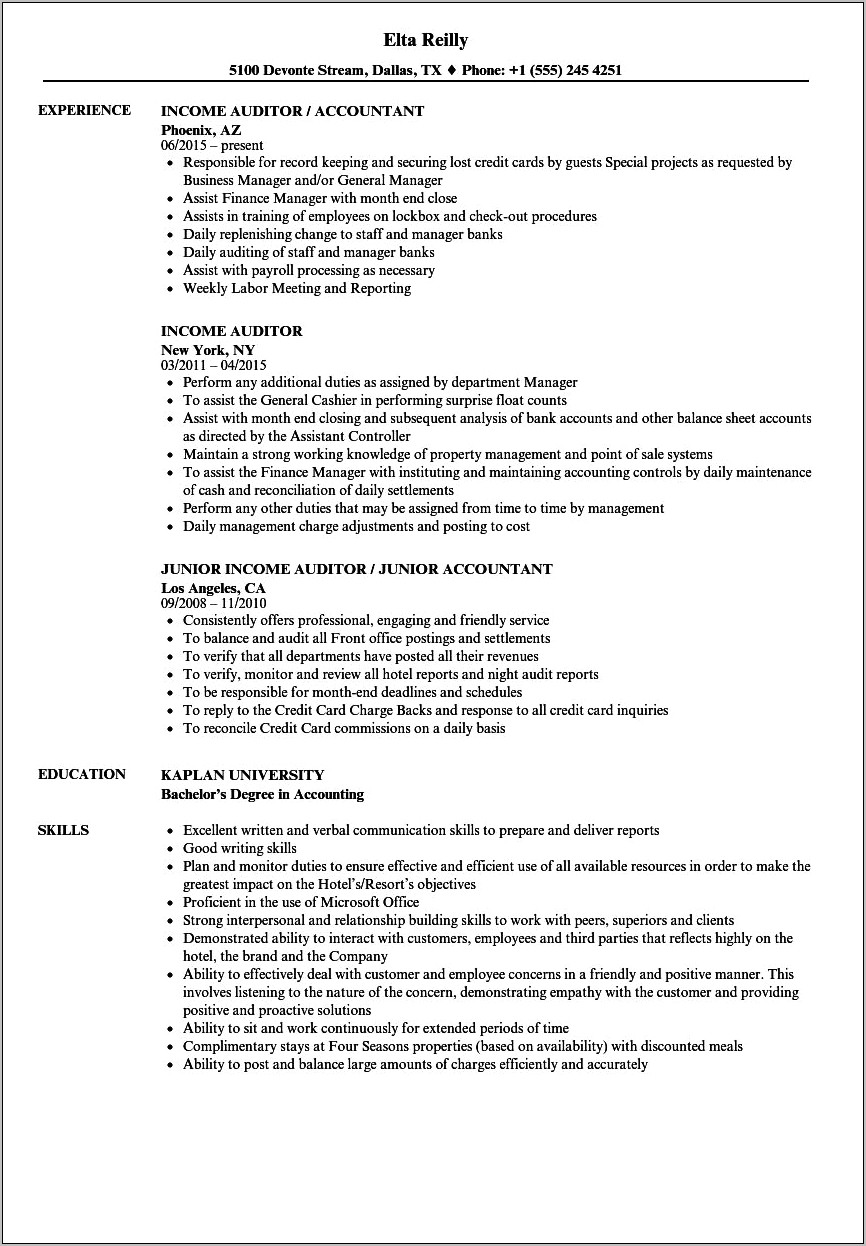 Hotel Night Auditor Resume Less Or No Experience