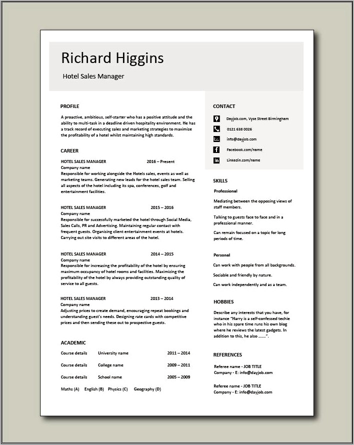 Hotel Sales And Marketing Resume Sample