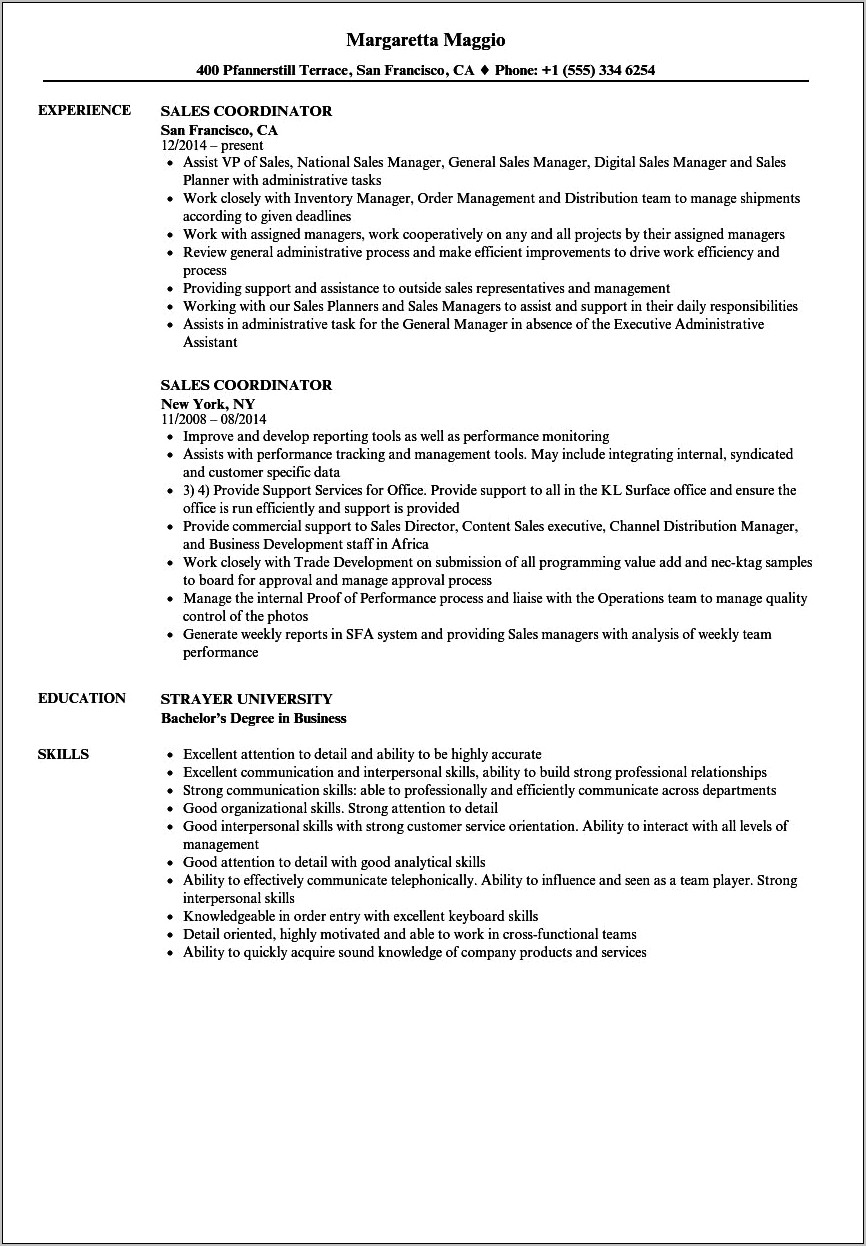Hotel Sales Coordinator Job Description Resume
