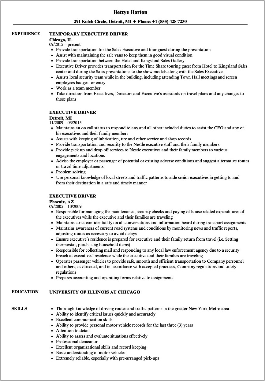 Hotel Shuttle Driver Job Description For Resume