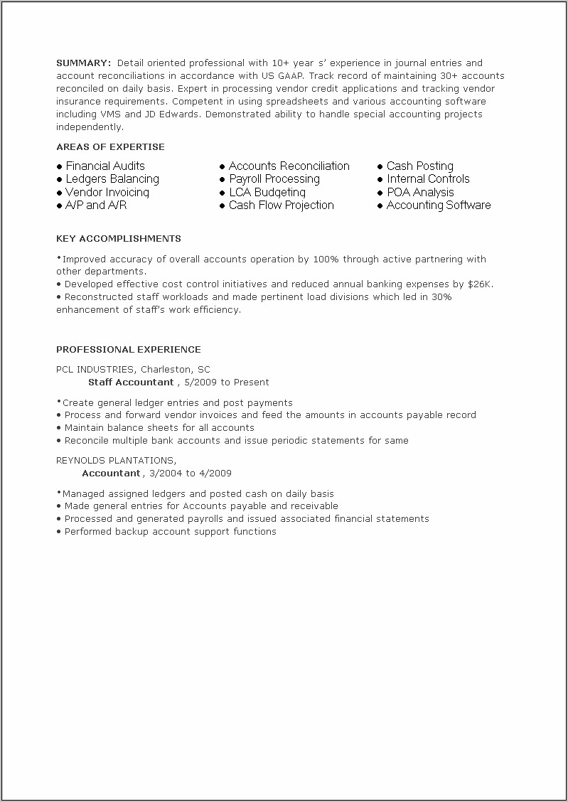 Hotel Staff Accountant Resume Example