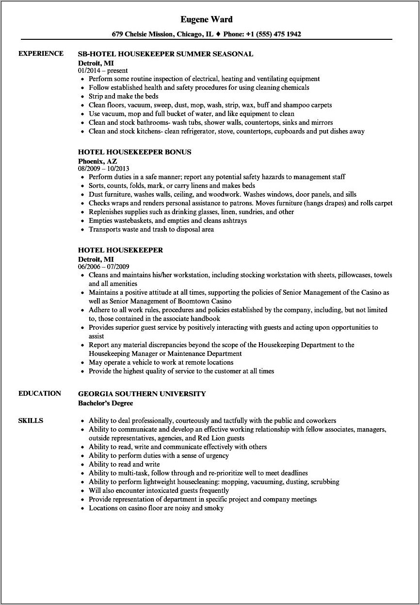 Housekeepern Job Description For Resume In Houses