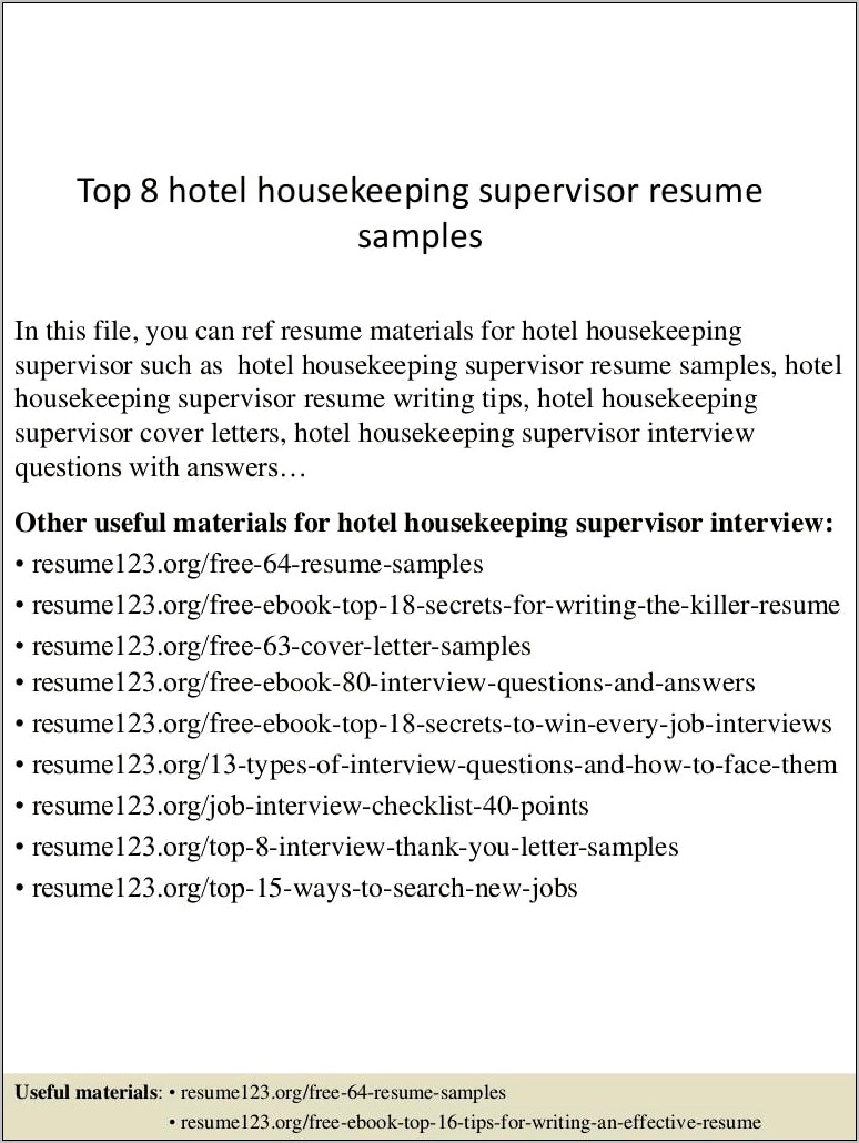 Housekeeping Supervisor Resume Format In Word