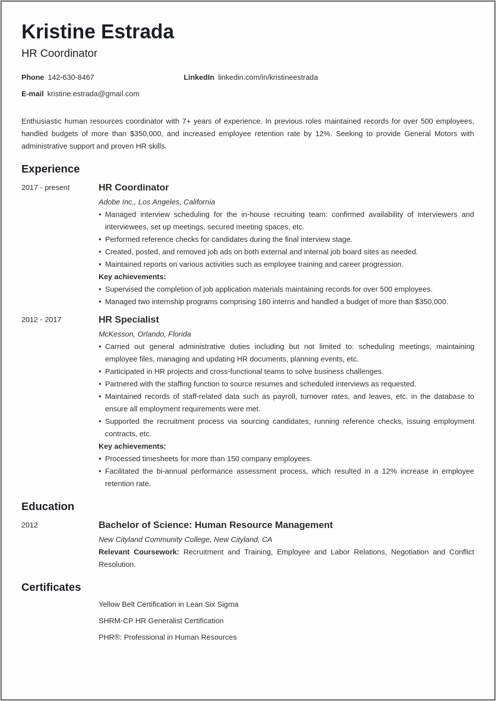 Hr Coordinator Resume Sample For 2 Years Experience
