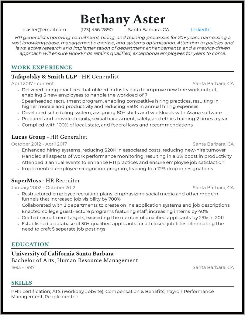 Hr Generalist Entry Level Resume With No.experience