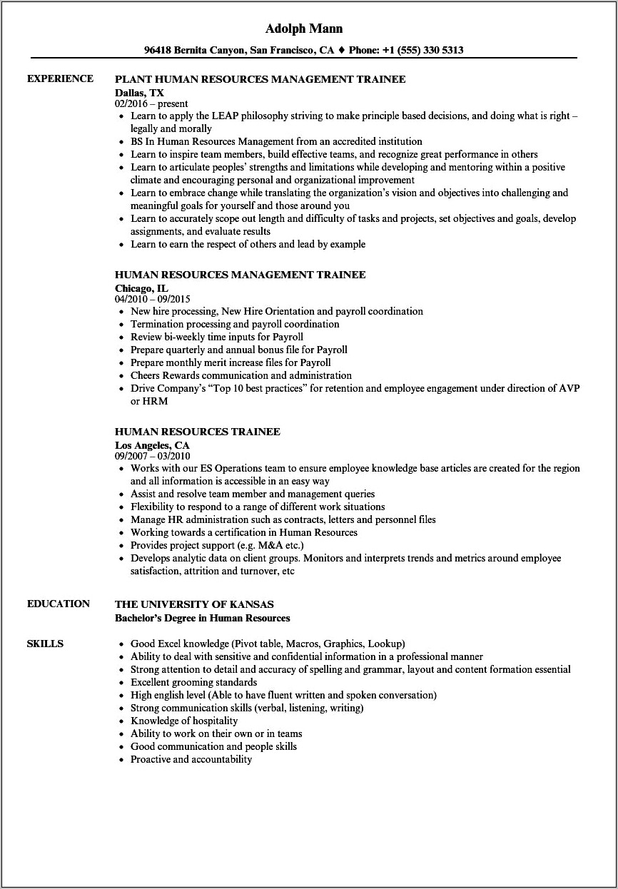 Hr Intern Job Description For Resume