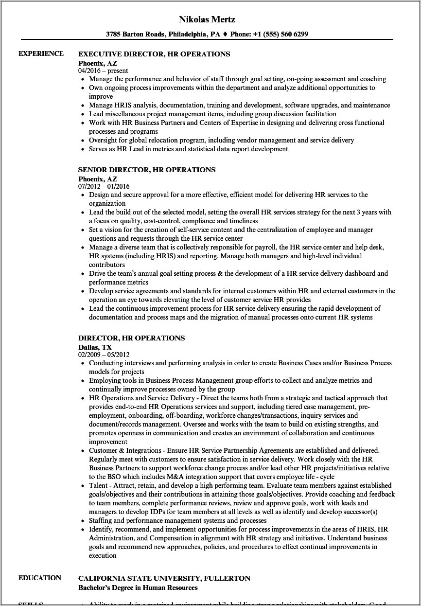 Hr Operations Manager Resume Examples