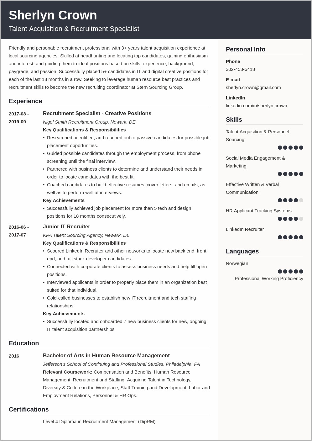 Hr Recruiter Resume For 1 Year Experience