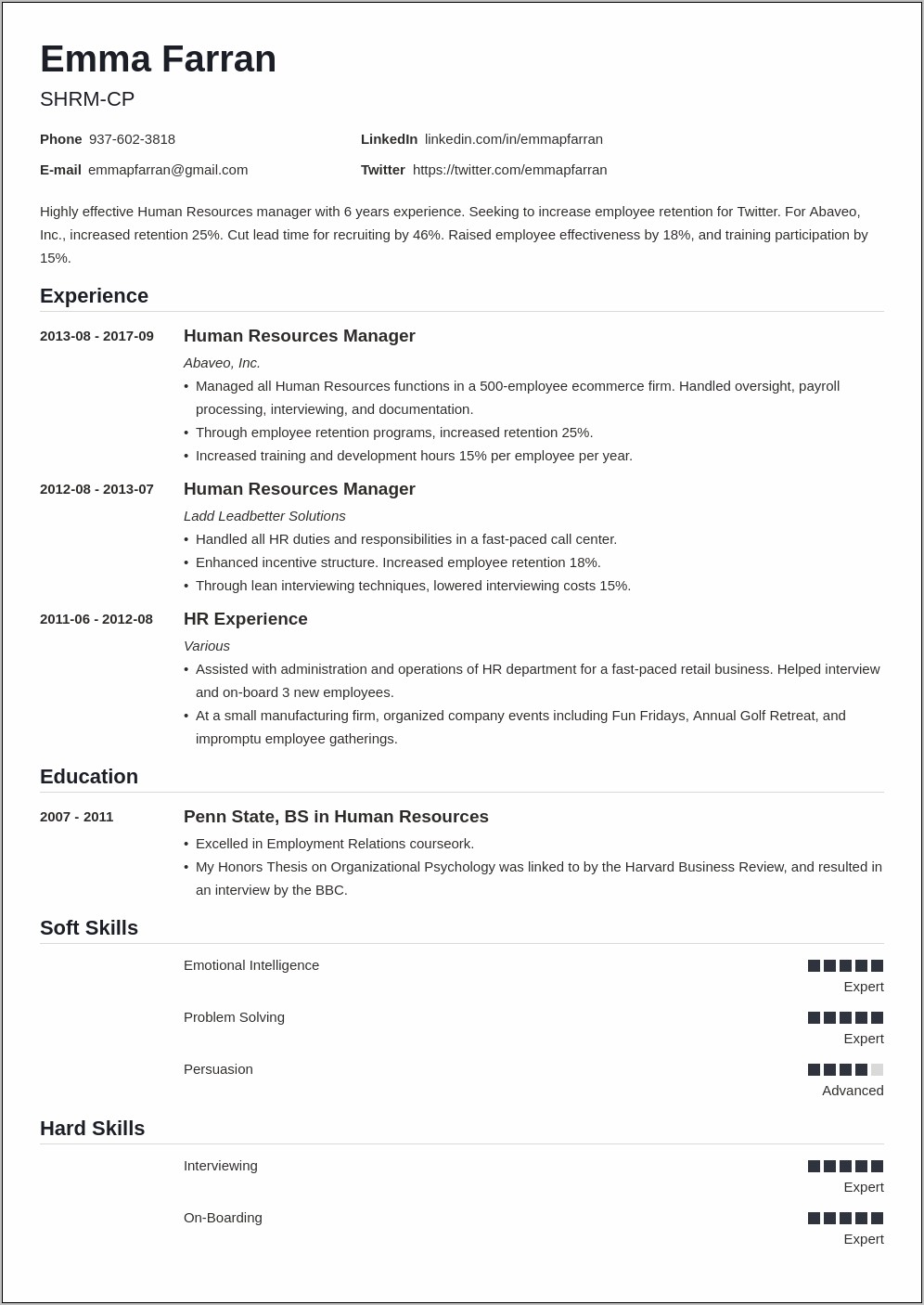 Hr Screening Of Resume Candidate Example