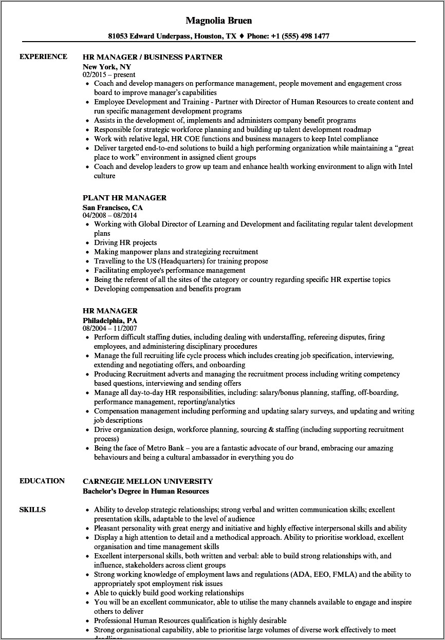 Hr Training And Development Manager Resume