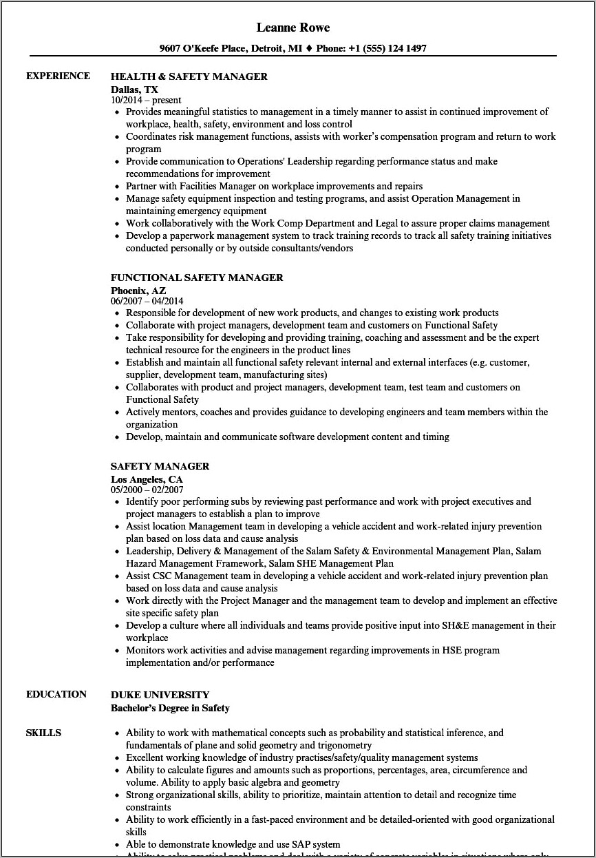 Hse Supervisor Job Description For Resume