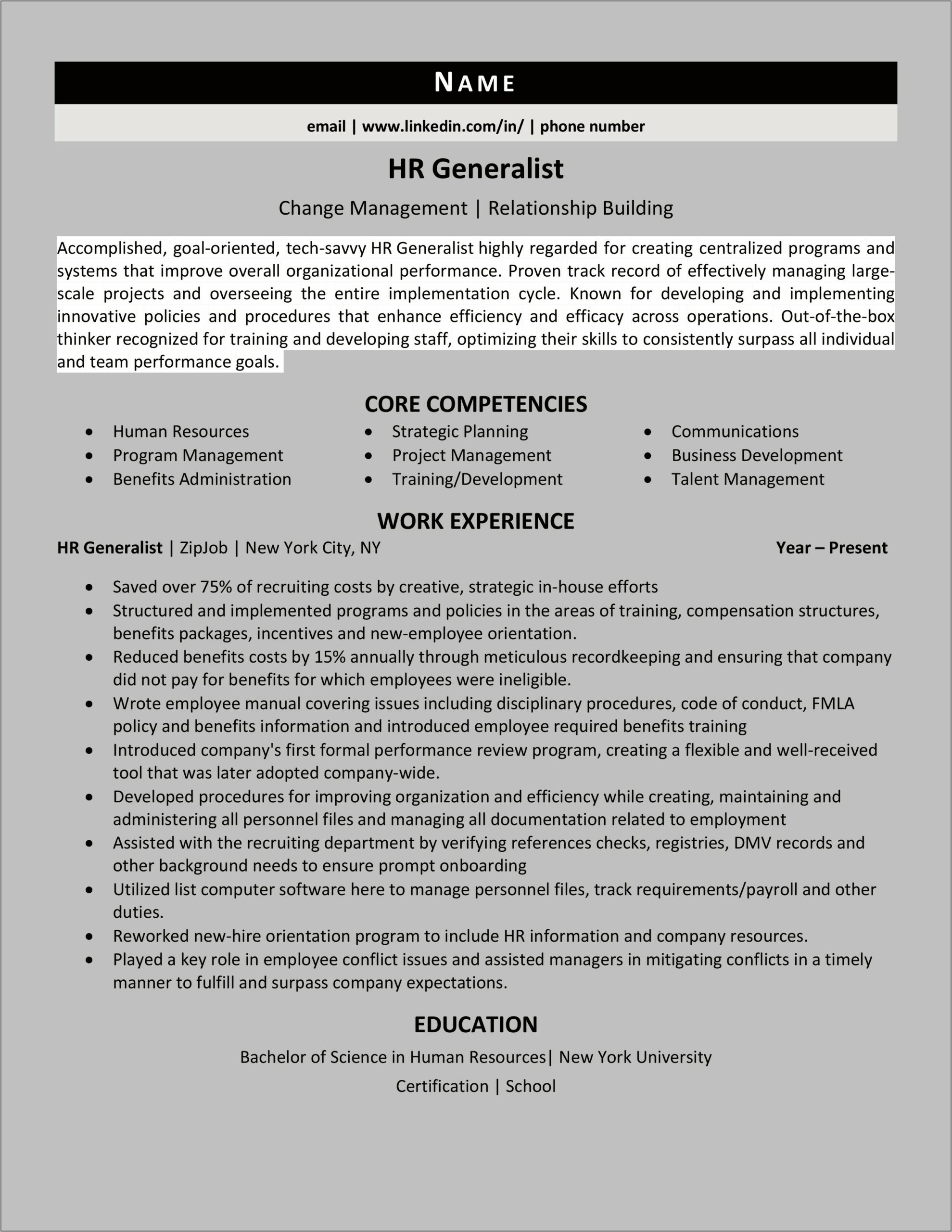 Human Resources Generalist Resume Skills