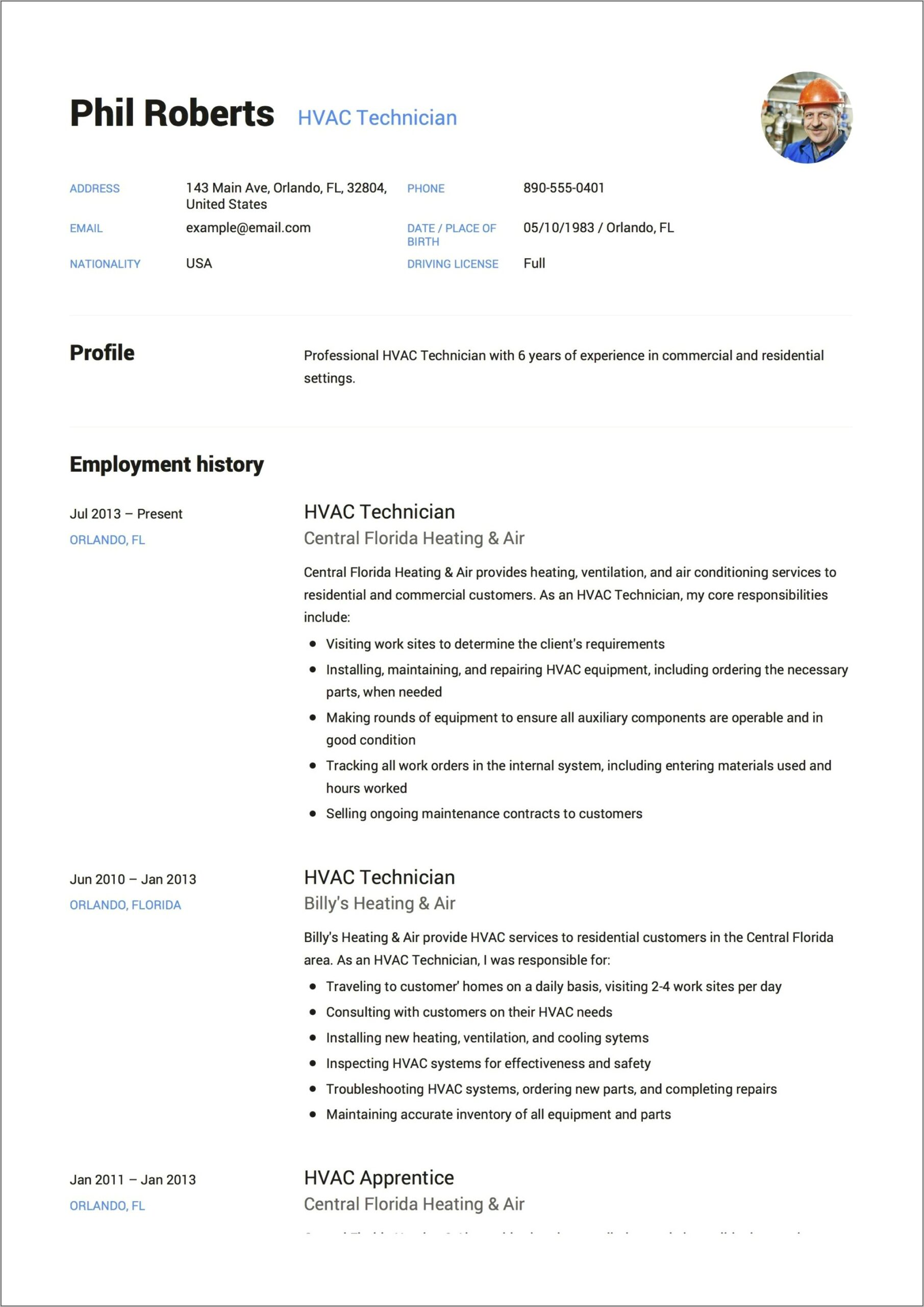 Hvac Service Technician Sample Resume