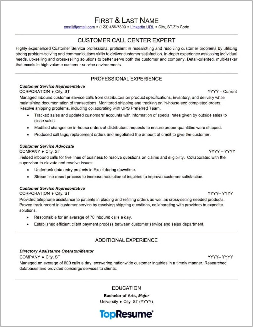 Inbound Call Centre Job Description Resume