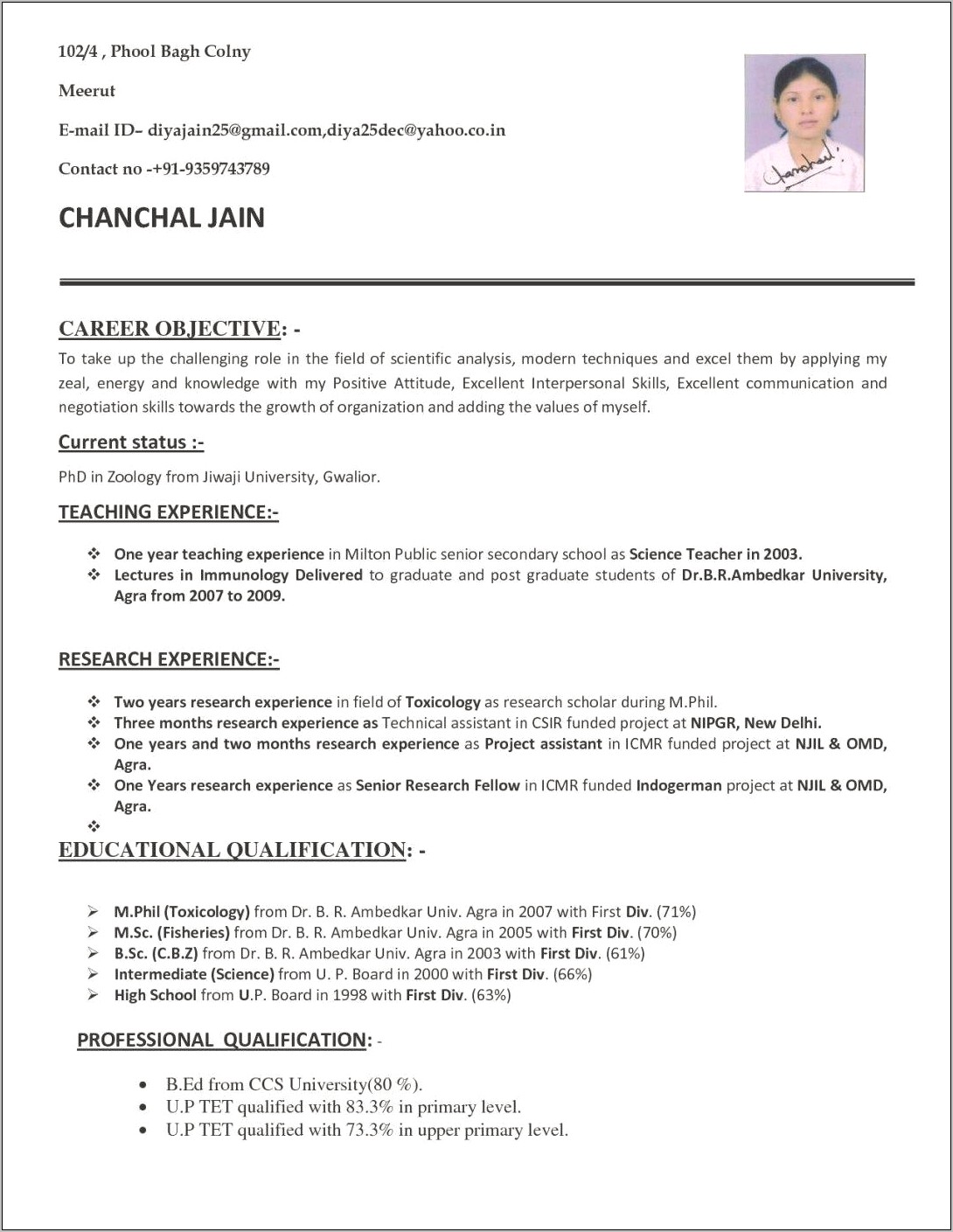 resume for hindi teacher job