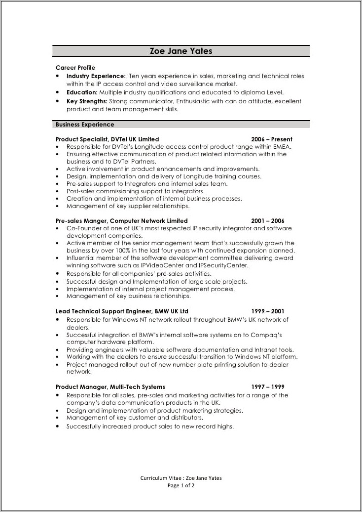 Industrial Experience In A Cv Resume