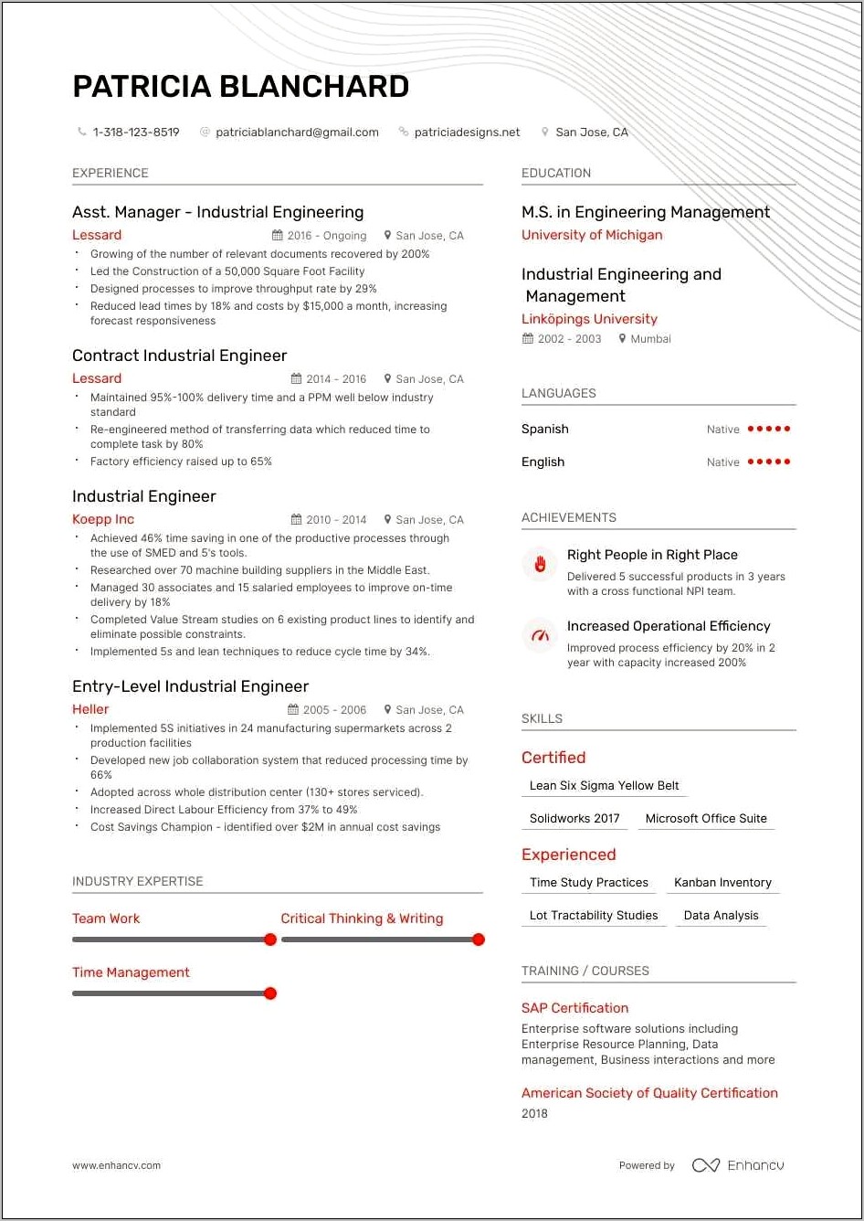 Industrtrial Engineering Entry Level Resume Objective