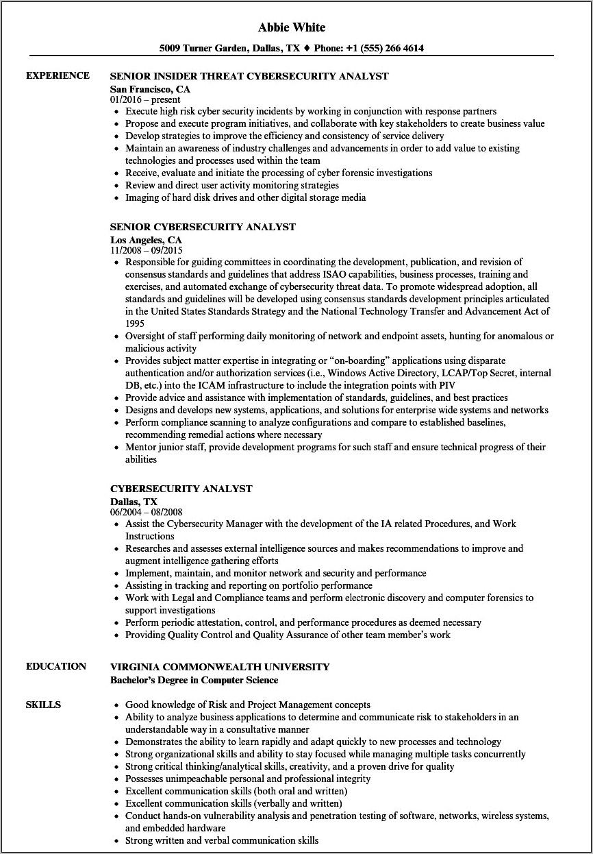 Information Security Analyst Job Description Resume