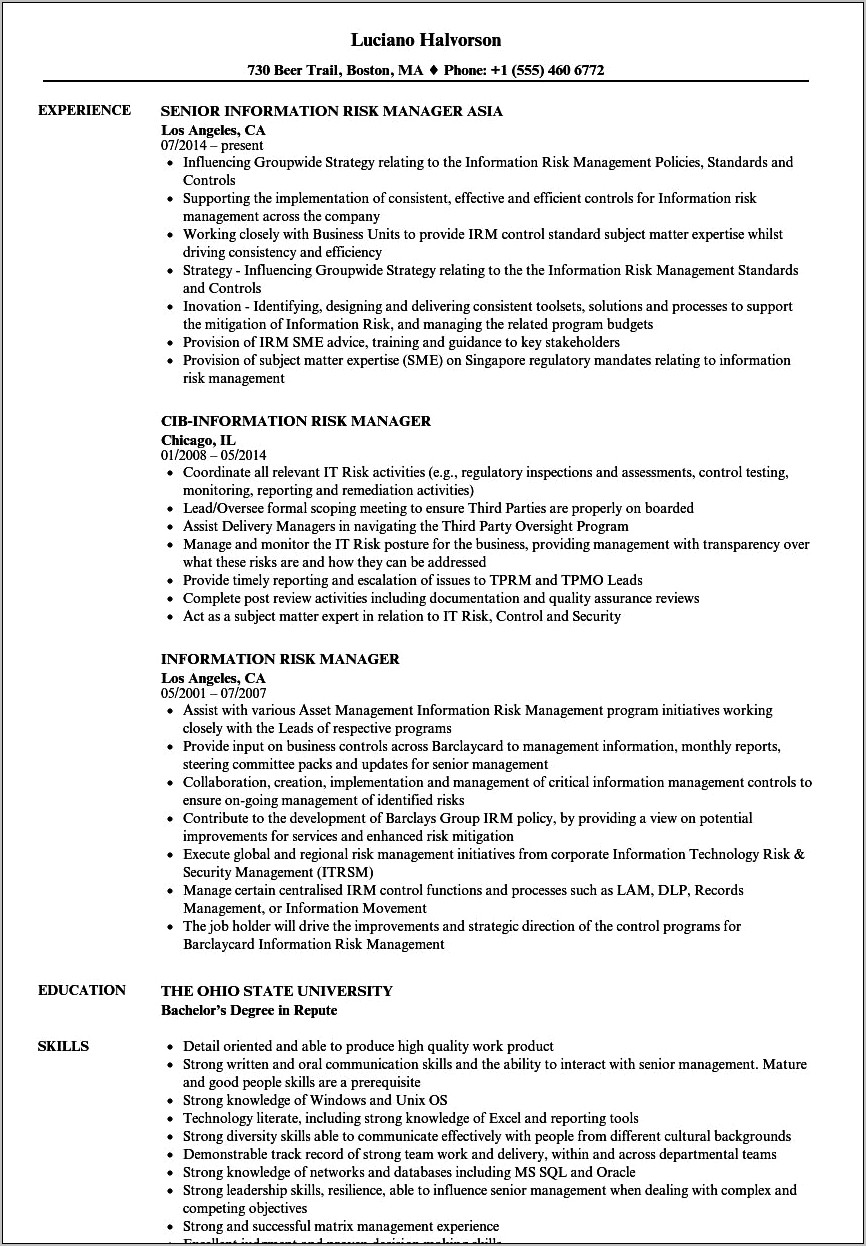 Information Security Risk Manager Resume Examples