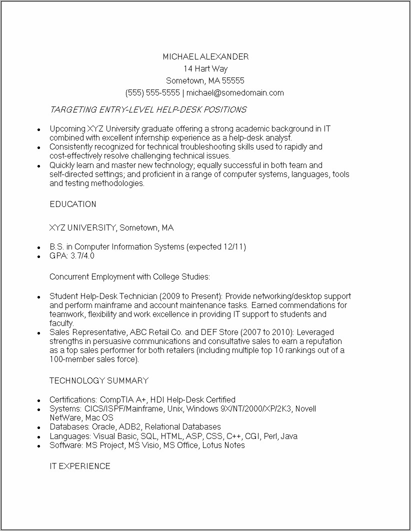 Information Technology Entry Level Resume Examples With Excellence