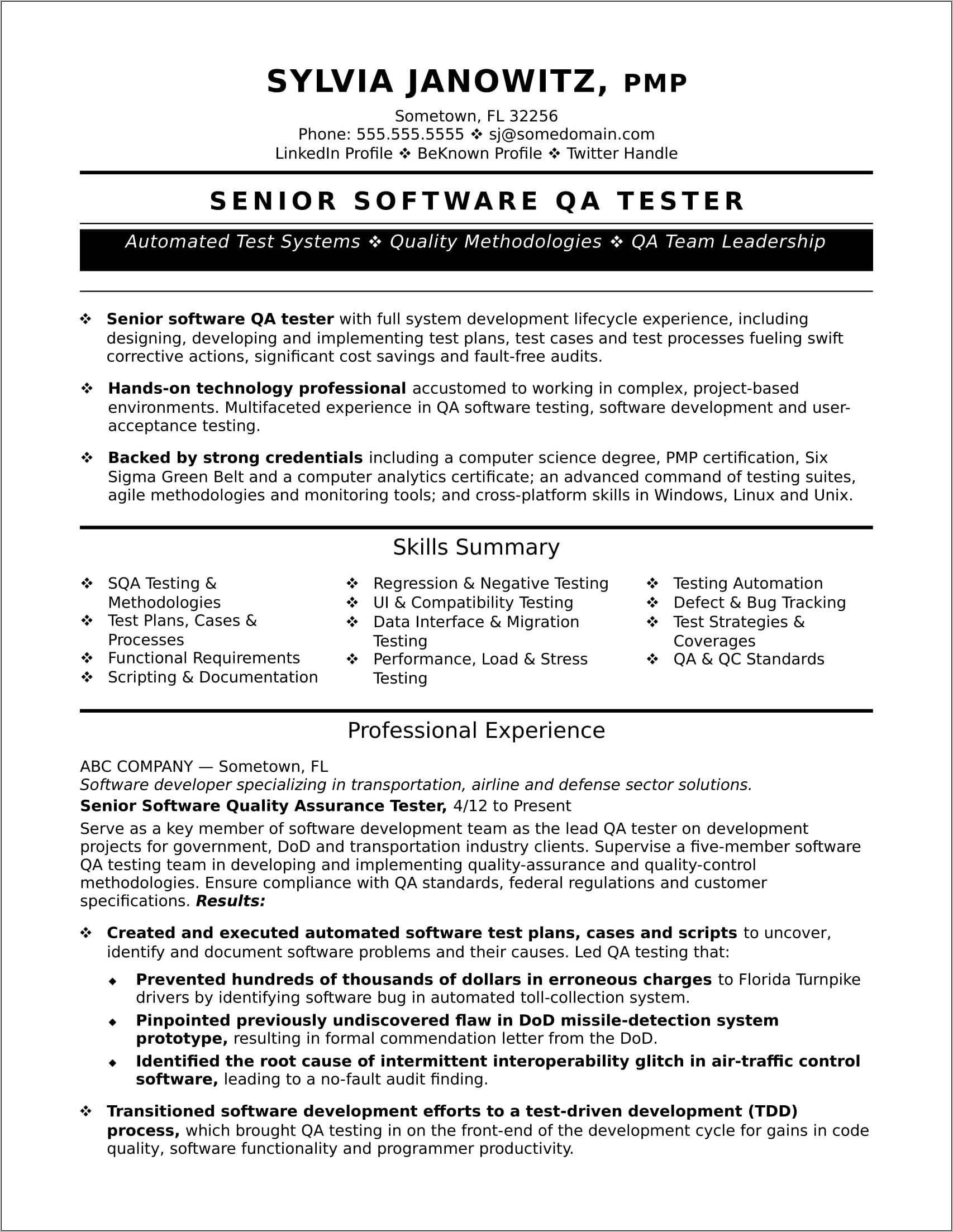 Information Technology Test Manager Resume Sample