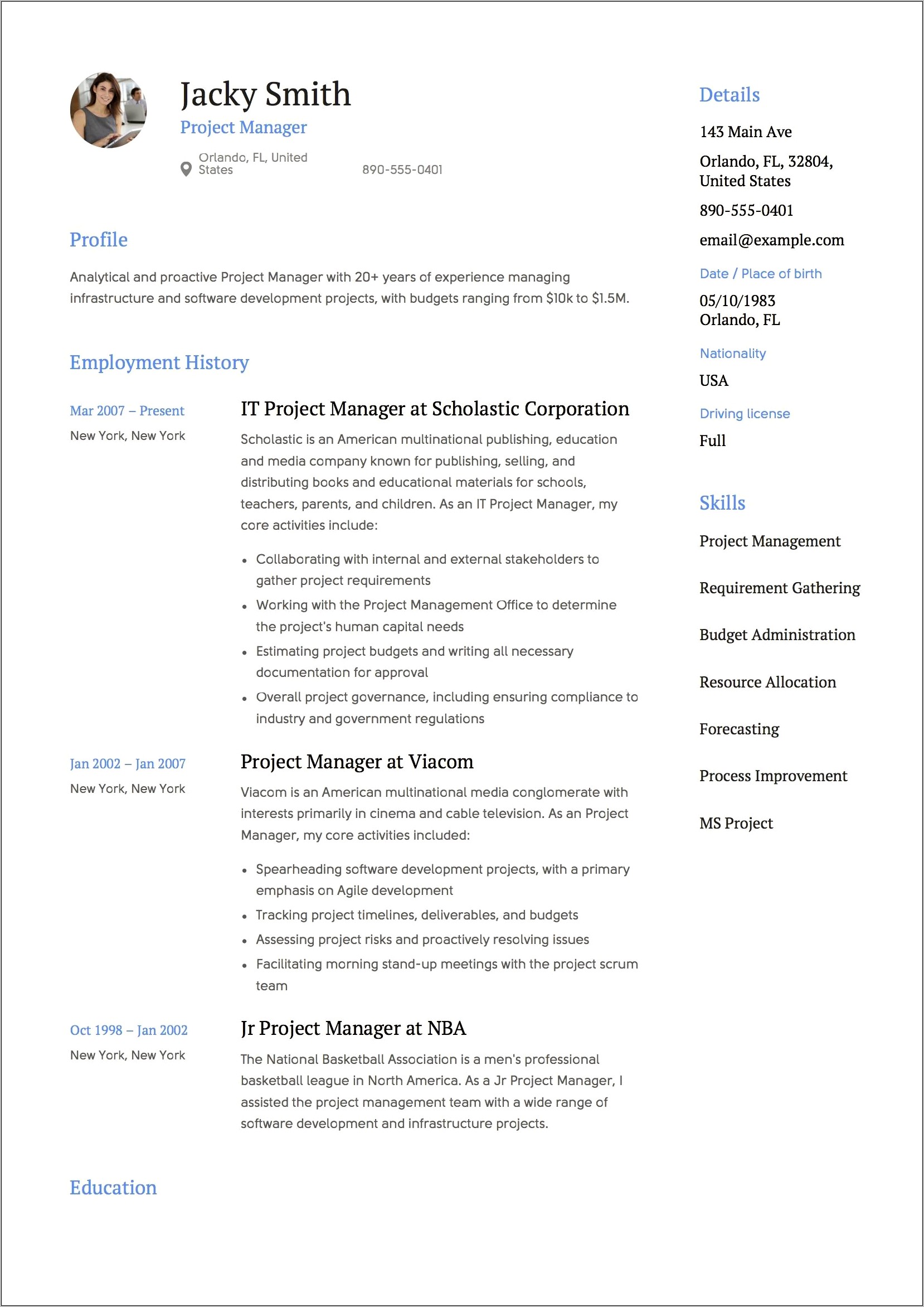 Infrastructure Project Manager Resume Sample